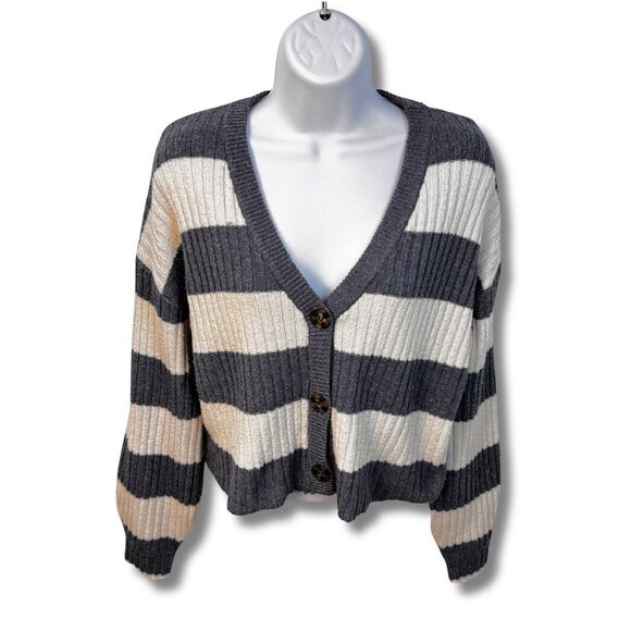 Blue Rain Striped Cropped Cardigan Sz Small Blue and Cream Stripes Button Front - Picture 2 of 14